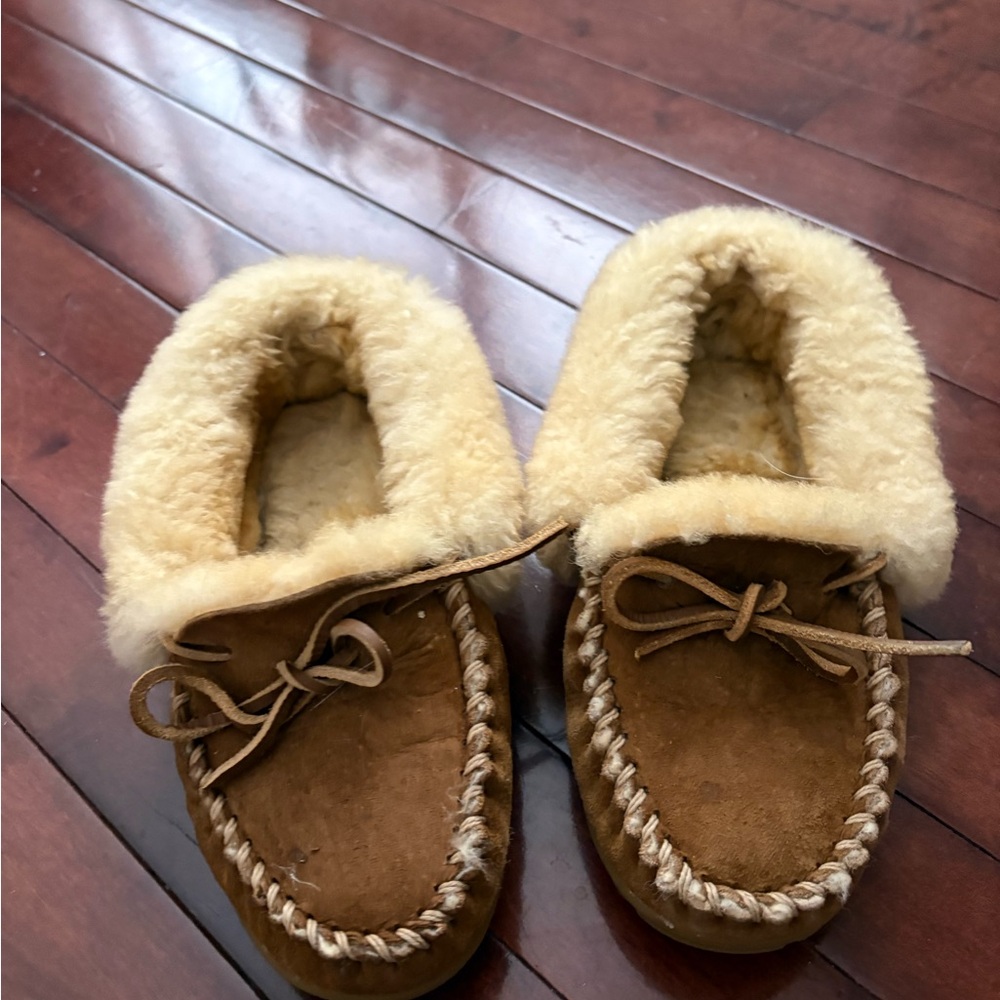 L.L. Bean Brown Suede Moccasin Slippers with Cream Shearling